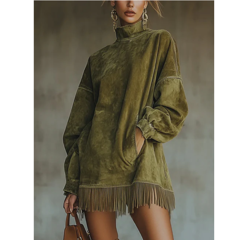 NAYLA | ROBE SUÉDINE CHIC À COL HAUT ET FRANGES
